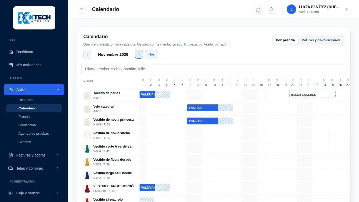 Calendario por prenda con las reservas y los días de limpieza