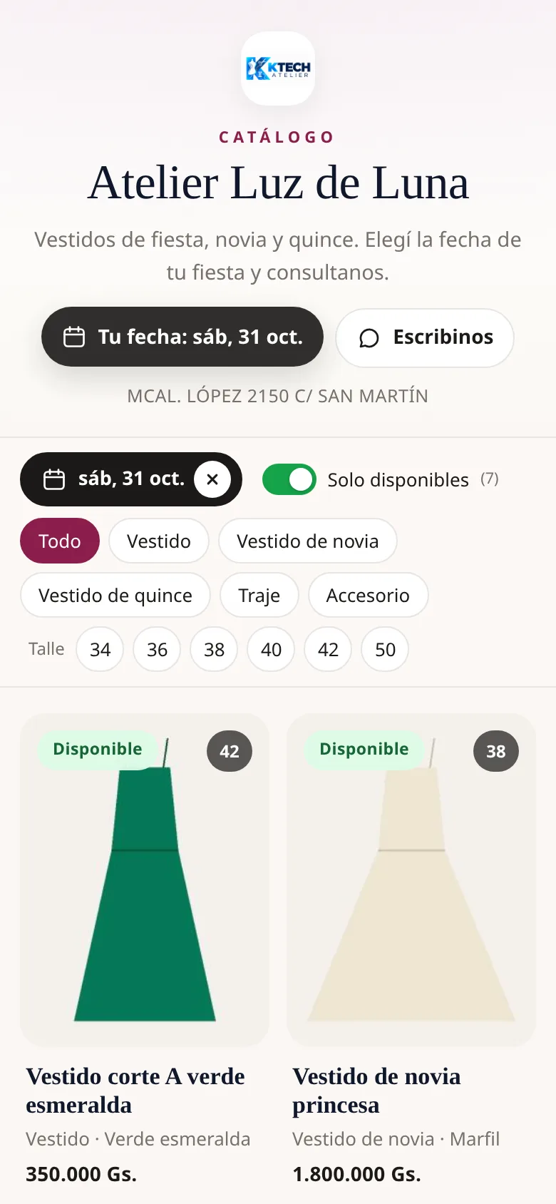 Catálogo filtrado por la fecha de la fiesta, con «Solo disponibles» activado y los vestidos libres ese día