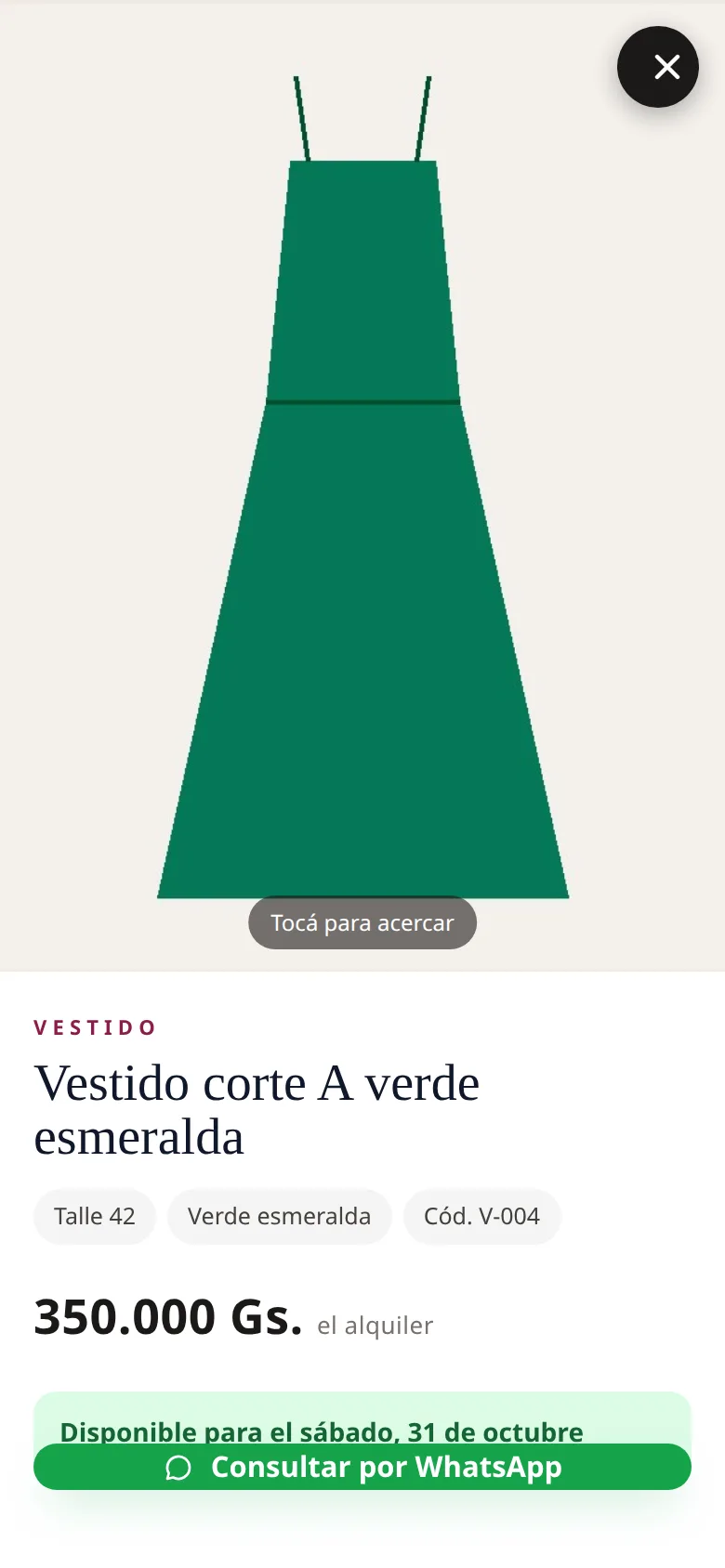 Ficha de un vestido en el catálogo online, disponible para la fecha elegida, con el botón «Consultar por WhatsApp»