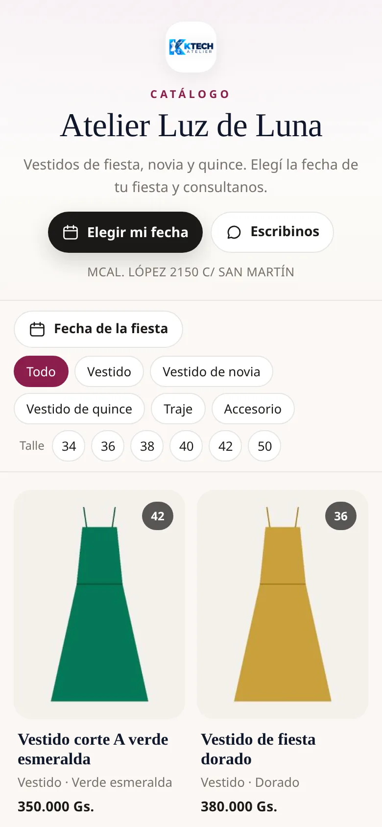 Catálogo online del atelier en el celular, con el logo, el texto de bienvenida, los filtros y los vestidos con su foto y su precio