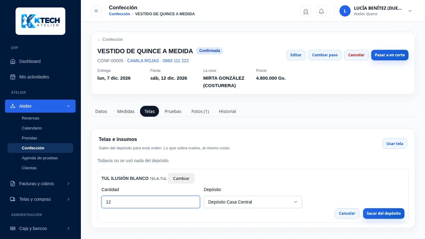 Orden de confección con la tela que sale del depósito