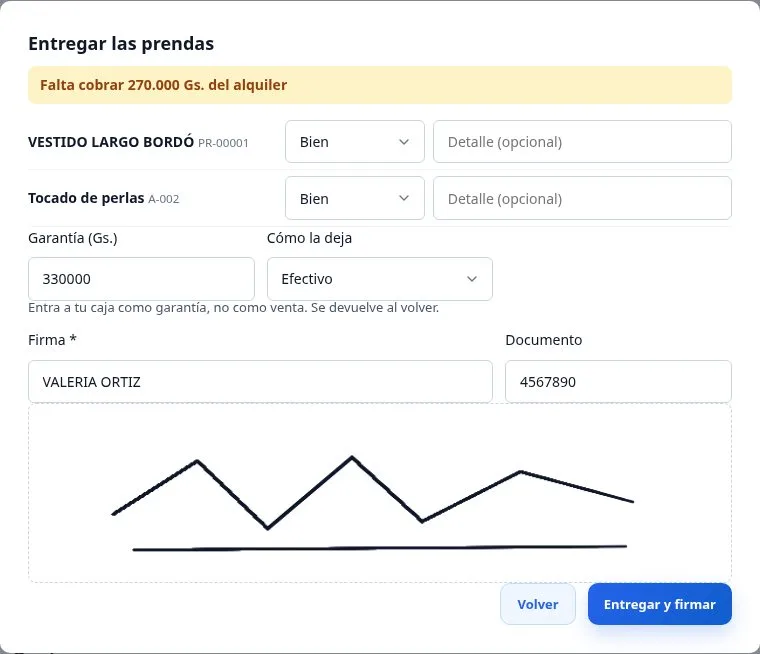 Entrega de las prendas con la garantía y la firma de la clienta en la pantalla