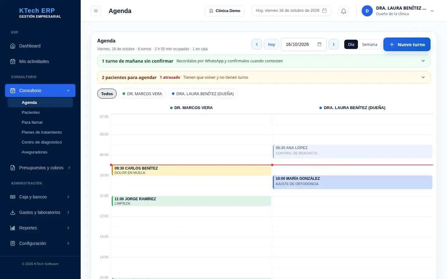 Agenda de la clínica con los turnos del día de cada profesional