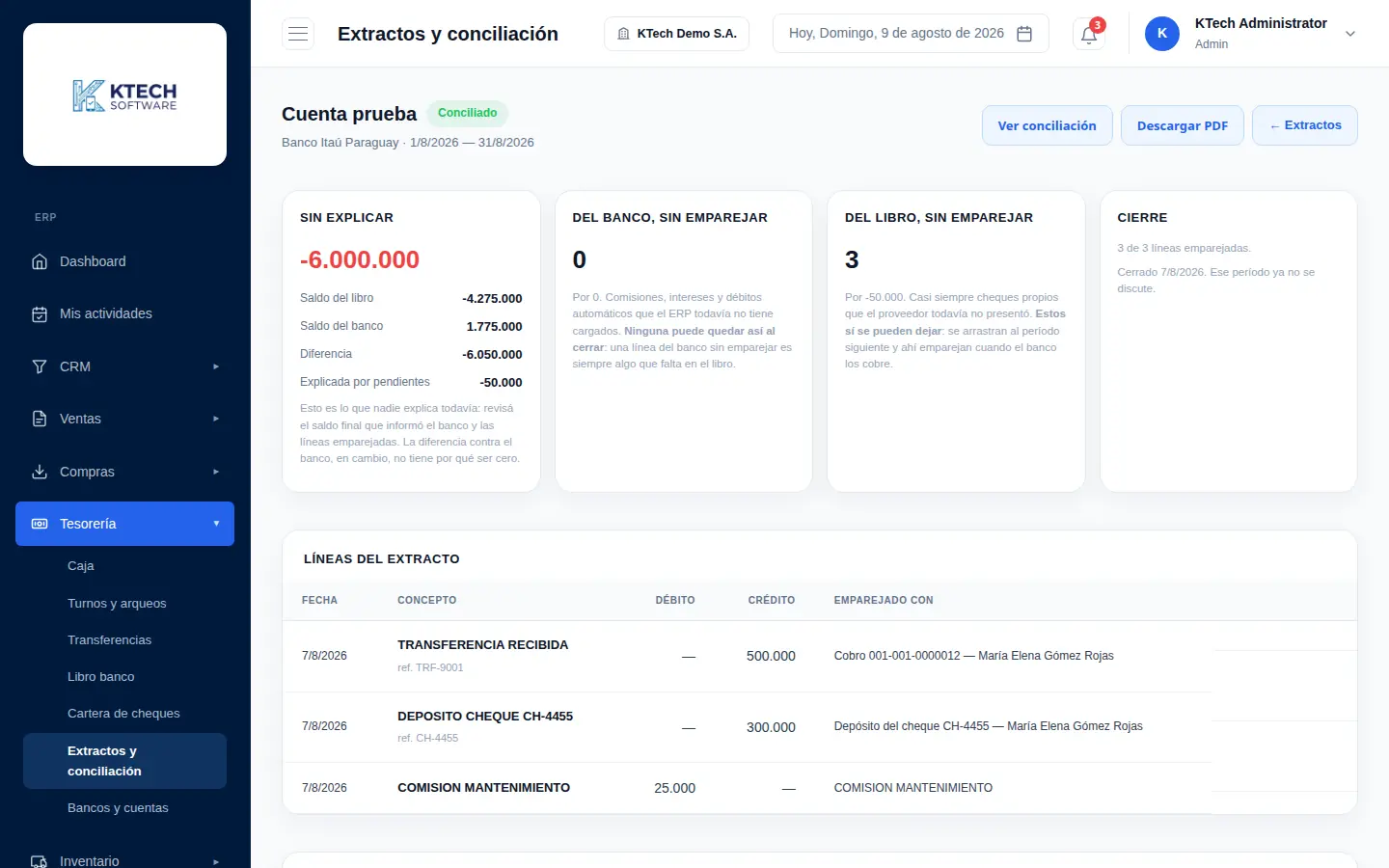Conciliación bancaria con lo que queda sin explicar, el saldo del libro y del banco y las líneas emparejadas