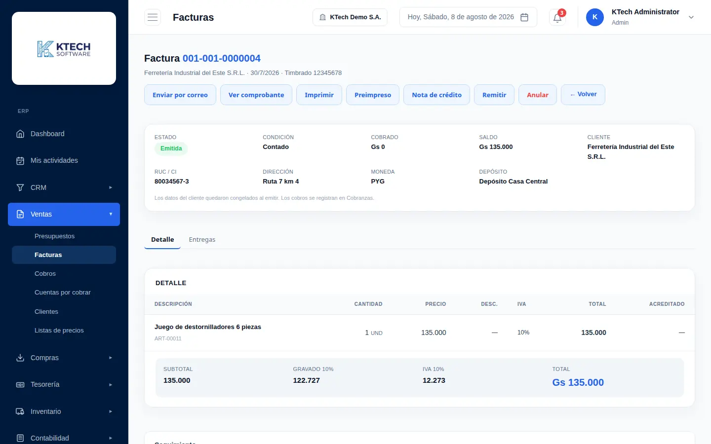Ficha de una factura en KTech ERP con estado, condición, saldo, timbrado y el detalle con IVA