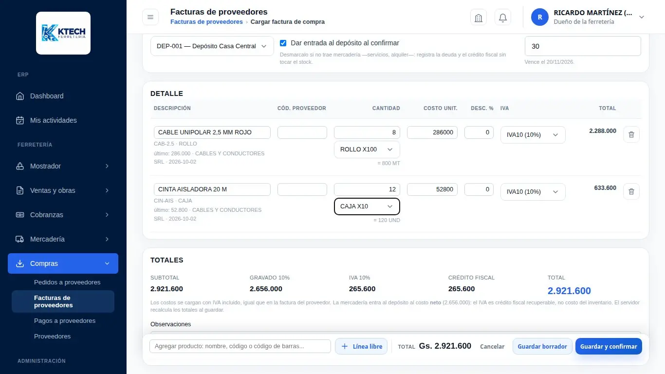 Factura de compra con cable por rollo y cinta aisladora por caja