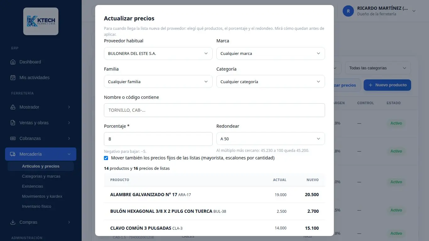 Actualizar precios por proveedor con porcentaje, redondeo y vista previa