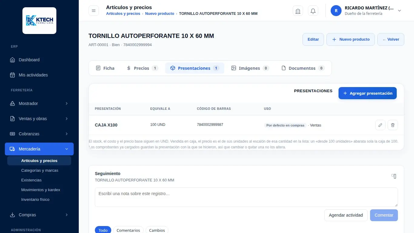 Ficha de un tornillo con su presentación caja por 100 y su código de barras