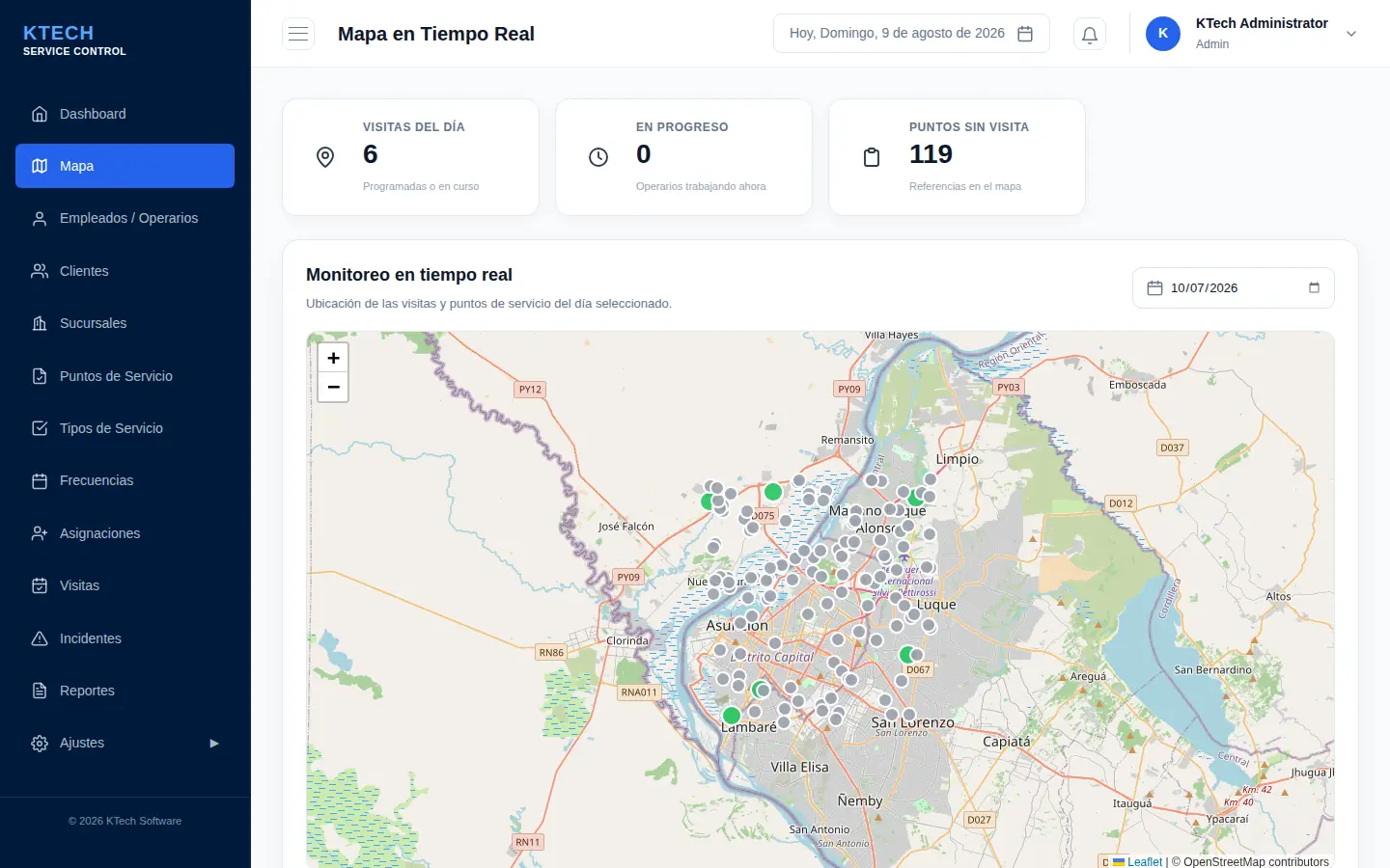 Mapa de KTech Operaciones con las visitas del día y los puntos de servicio geolocalizados