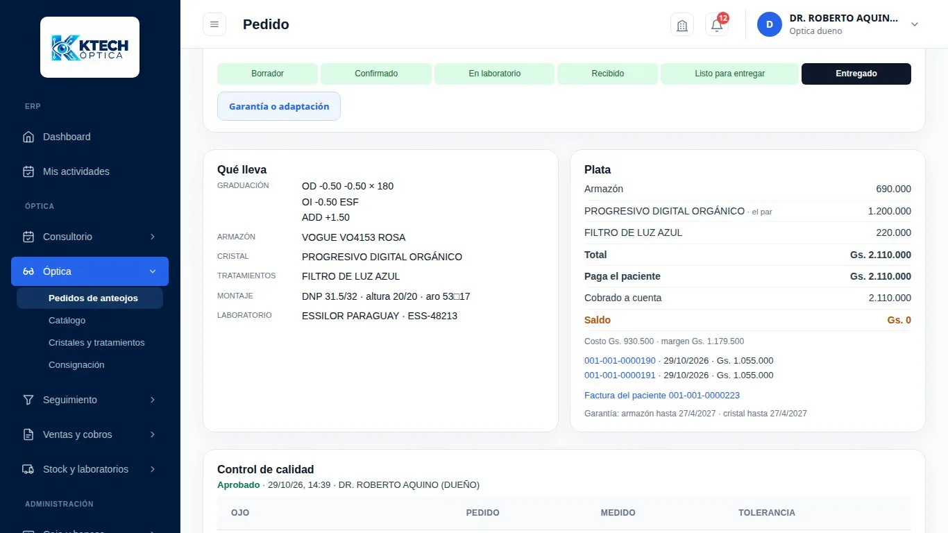 El pedido entregado, facturado y cobrado, con la seña, la factura y los recibos