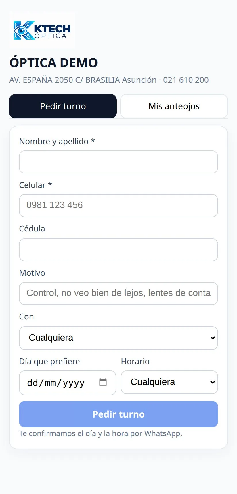 Portal de la óptica en el celular: pedir turno con nombre, celular y motivo