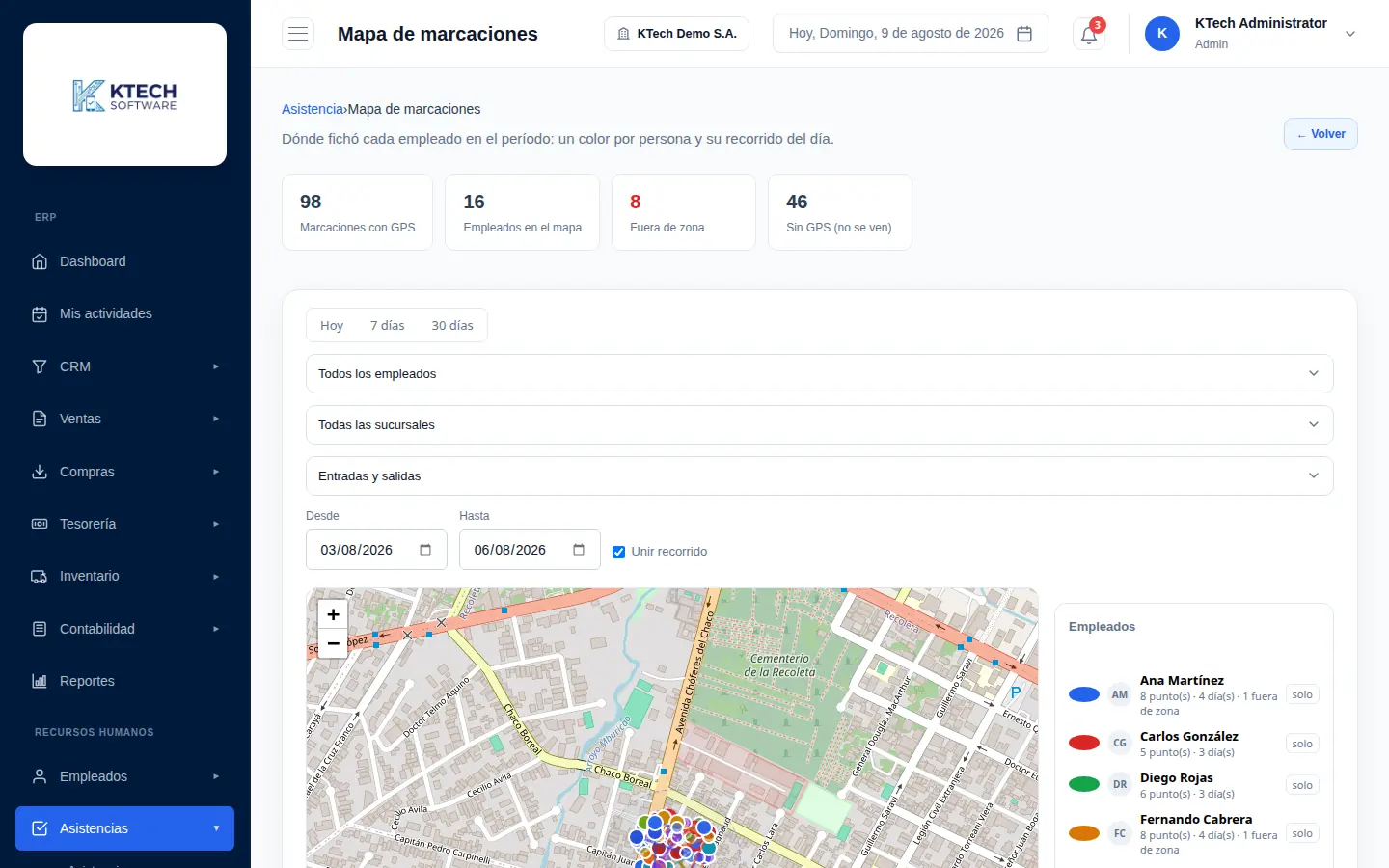 Mapa de marcaciones de asistencia con un color por empleado, recorridos del día y marcaciones fuera de zona