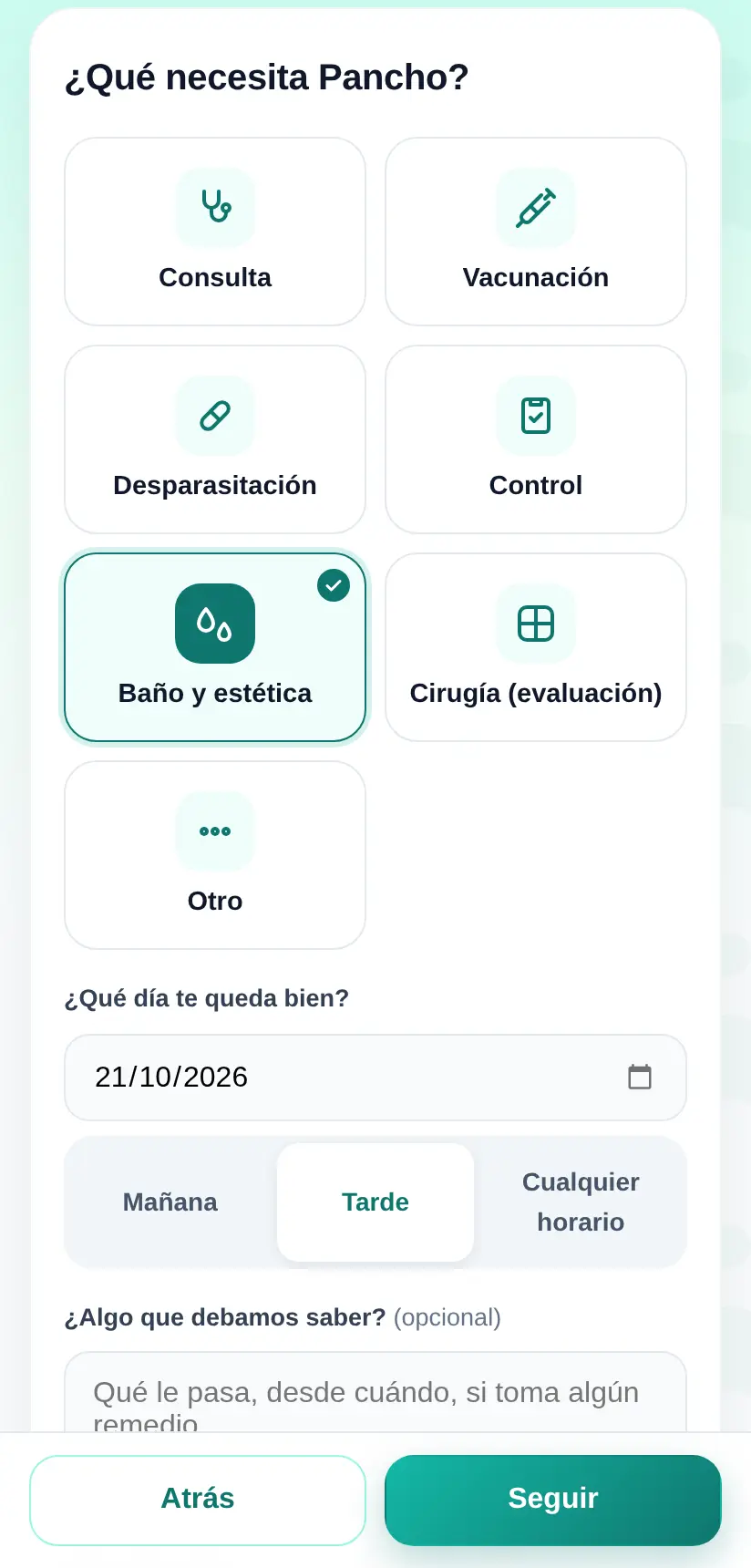 Elegir el servicio: consulta, vacunación, baño y estética