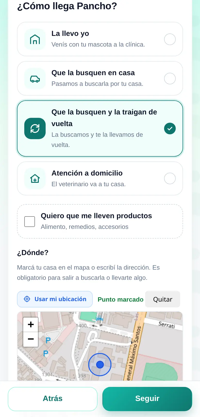 Elegir que busquen a la mascota y marcar la casa en el mapa
