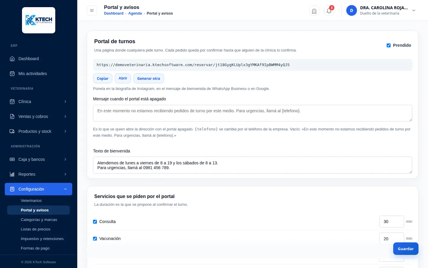 Configuración del portal de turnos: dirección, mensaje con el portal apagado, servicios y duración